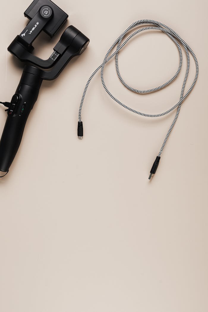 Flat lay of a gimbal and USB cable on a neutral background for tech-themed projects.